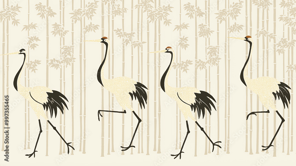 Fototapeta premium Crane, bamboo, Japanese pattern, Japan, tradition, typical, Japanese art, Japanese painting, ink painting, sumi-e, ukiyo-e, auspicious, happiness, silence, wabi-sabi, art, beautiful,