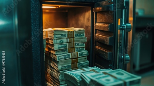 Bundles of cash stored in a bank vault. photo