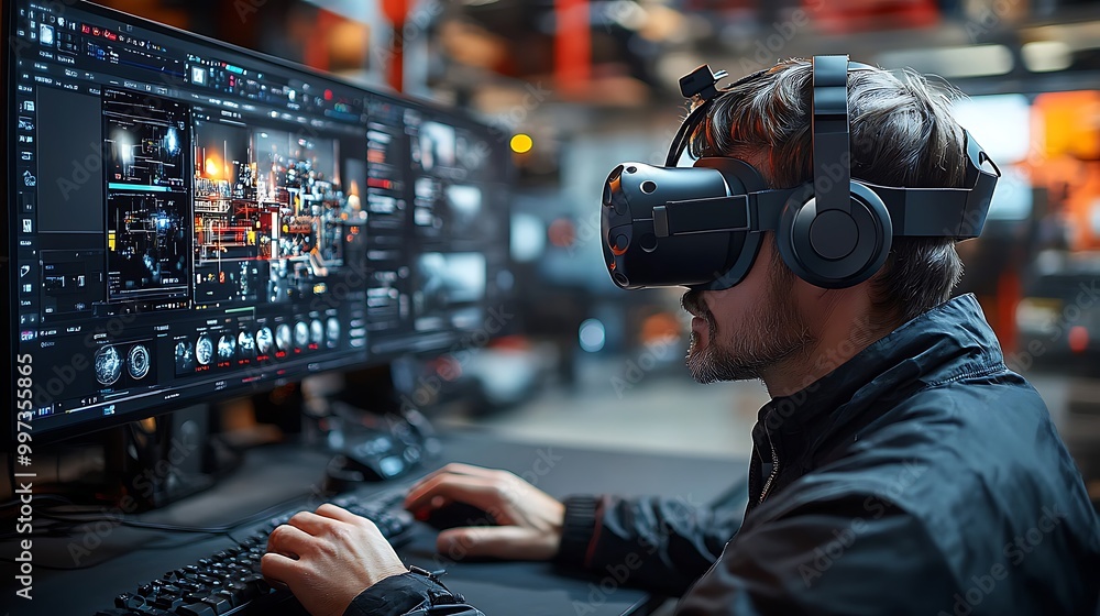 Man Using Virtual Reality Headset for Digital Design Man Using Virtual Reality Headset for Digital Design