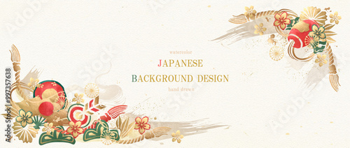 年賀状, 和柄, 和風, 背景, ベクター, フレーム, 正月, お正月, 素材, 金箔, 花, 模様, 梅の花, 桜, デザイン, 打ち出の小槌, 扇子, 伝統, 水引き, しめ縄, イラスト