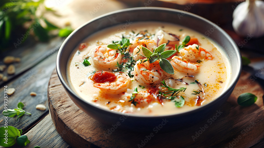 An illustration of a gourmet seafood chowder with a rich cream base and fresh herbs. An illustration of a gourmet seafood chowder with a rich cream base and fresh herbs.