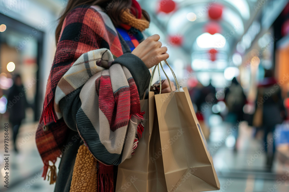 Naklejka premium Woman Carrying Shopping Bag in Mall Made of Recycled Paper for Black Friday Deals with Store Promotions and Copyspace