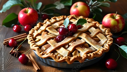 Homemade apple pie with a lattice crust, garnished with fresh leaves and cherries, surrounded by whole apples and cinnamon sticks photo