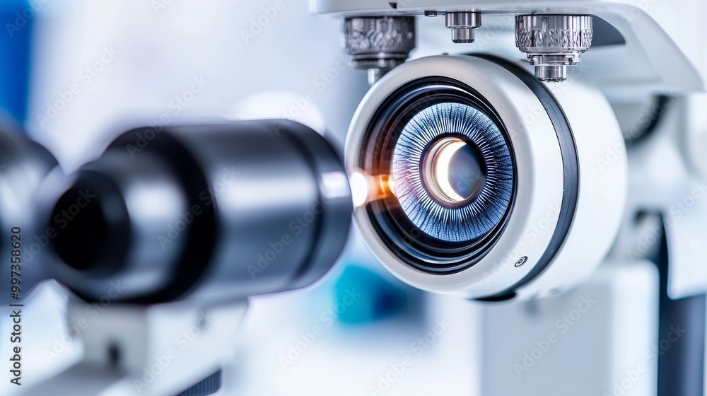 Close-up of a precision optical lens in a laboratory setting. Close-up of a precision optical lens in a laboratory setting.