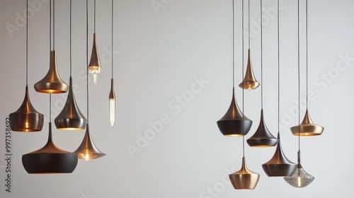 A collection of sleek hanging lamps in diverse shapes and finishes is suspended from the ceiling, creating an artistic display against a soft background