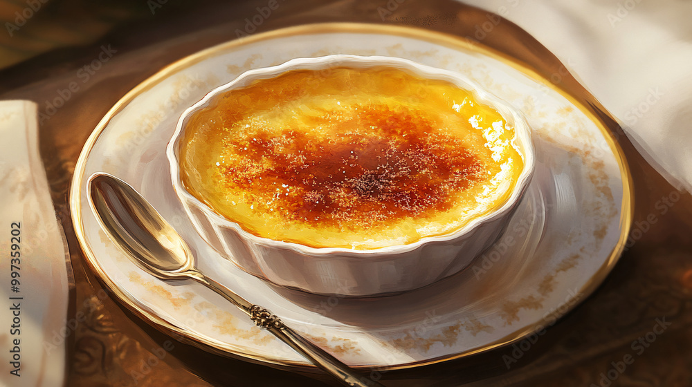 An illustration of a gourmet saffron-infused crème brûlée with a caramelized sugar crust. An illustration of a gourmet saffron-infused crème brûlée with a caramelized sugar crust.