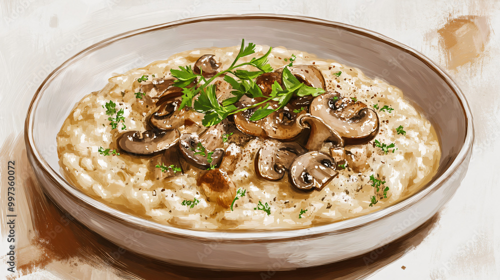 An illustration of a gourmet risotto with wild mushrooms and truffle oil, garnished with fresh herbs. An illustration of a gourmet risotto with wild mushrooms and truffle oil, garnished with fresh herbs.