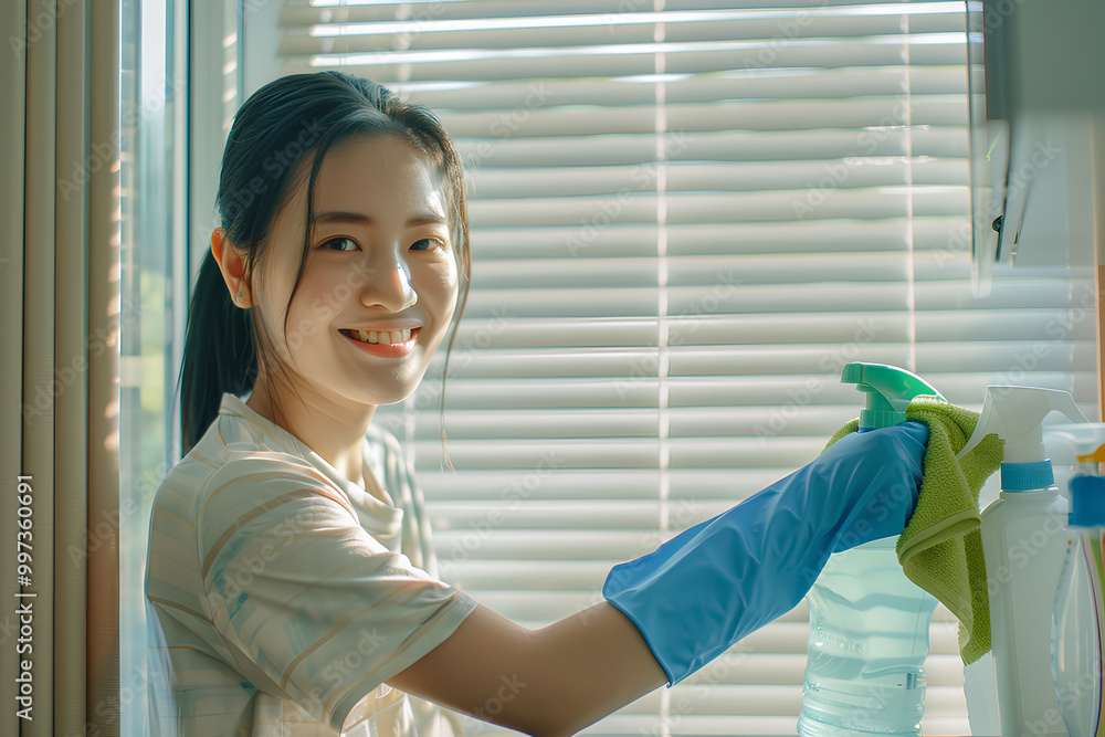Housework, young Asian woman wearing blue rubber gloves is cleaning the white cabinet with a green rag and spray bottle in her home, smiling at her work. Housework, young Asian woman wearing blue rubber gloves is cleaning the white cabinet with a green rag and spray bottle in her home, smiling at her work.