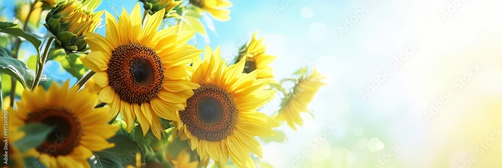 Fototapeta premium A vibrant bouquet of sunflowers enjoys warm sunlight, surrounded by a clear blue sky, creating a joyful summertime atmosphere. Generative AI