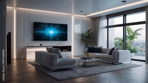 Modern Smart living room interior with innovative technology maintaining connections.