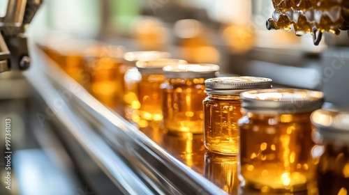 Wallpaper Mural Jars of creamed honey travel along a stainless steel conveyor belt in a busy production facility, showcasing the streamlined manufacturing process Torontodigital.ca