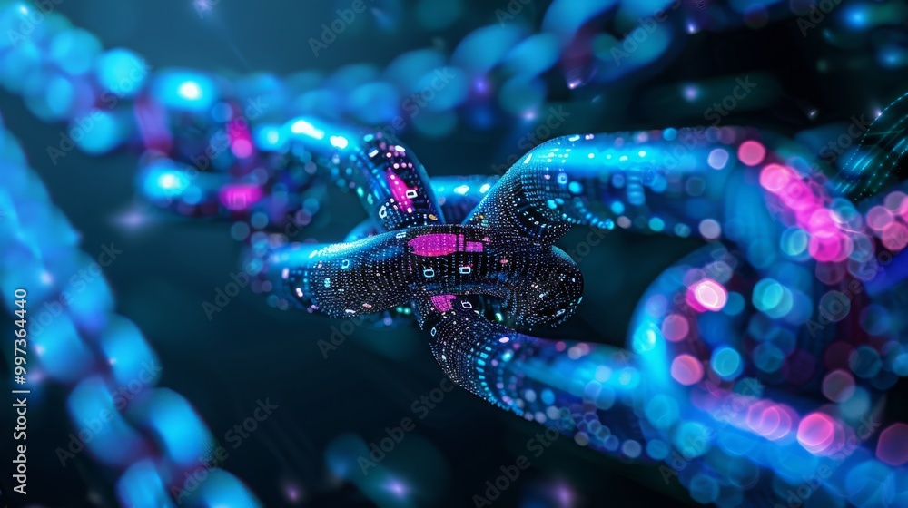 Abstract image of a chain made of binary code. It represents the concept of blockchain technology and digital security. Abstract image of a chain made of binary code. It represents the concept of blockchain technology and digital security.