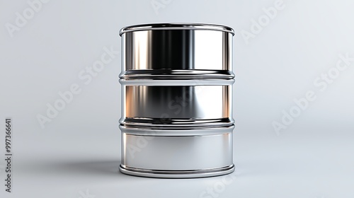 A shiny chrome oil drum stands starkly against a clean white background, reflecting light. photo