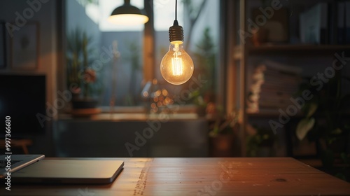 A single light bulb hangs above a wooden desk, creating a warm and inviting atmosphere in the room.