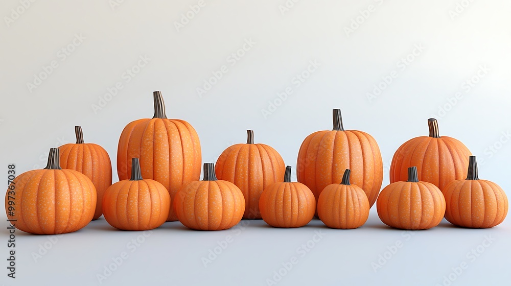 A row of pumpkins sits simply on a white background, a symbol of autumn. A row of pumpkins sits simply on a white background, a symbol of autumn.