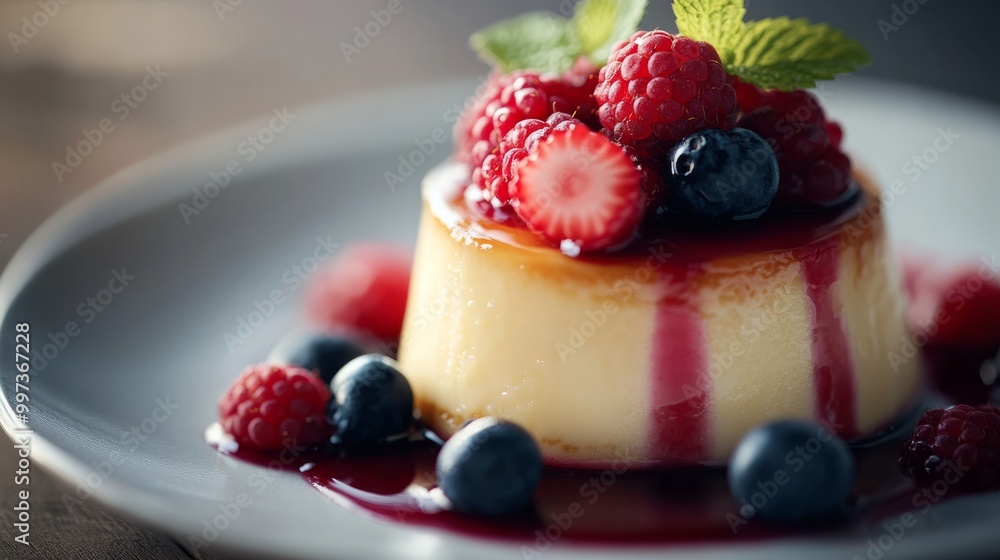 A beautifully plated dessert features creamy custard layered with rich flavors, adorned with fresh raspberries and blueberries, garnished with mint leaves, showcasing culinary artistry A beautifully plated dessert features creamy custard layered with rich flavors, adorned with fresh raspberries and blueberries, garnished with mint leaves, showcasing culinary artistry
