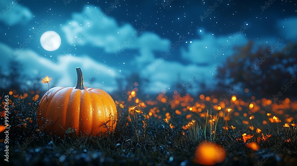 A single pumpkin rests in a field of flowers under a full moon, stars twinkling overhead. A single pumpkin rests in a field of flowers under a full moon, stars twinkling overhead.