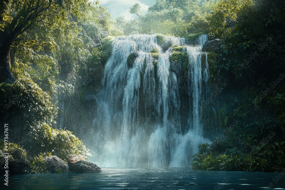 Majestic Waterfall Cascading Through Lush Tropical Forest Majestic Waterfall Cascading Through Lush Tropical Forest