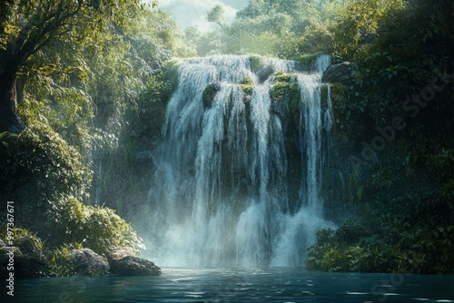 Majestic Waterfall Cascading Through Lush Tropical Forest