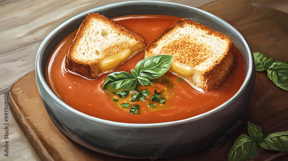 An illustration of a gourmet heirloom tomato soup with basil oil and a grilled cheese crouton. An illustration of a gourmet heirloom tomato soup with basil oil and a grilled cheese crouton.
