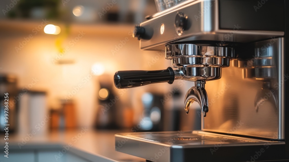 A sleek stainless steel coffee machine sits elegantly on a polished countertop, surrounded by warm kitchen lighting, perfect for brewing morning brews A sleek stainless steel coffee machine sits elegantly on a polished countertop, surrounded by warm kitchen lighting, perfect for brewing morning brews