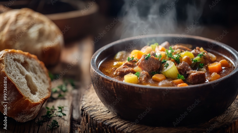 A steaming bowl filled with tender beef and vibrant vegetables sits on a rustic table, accompanied by a piece of crusty bread, inviting warmth and comfort A steaming bowl filled with tender beef and vibrant vegetables sits on a rustic table, accompanied by a piece of crusty bread, inviting warmth and comfort