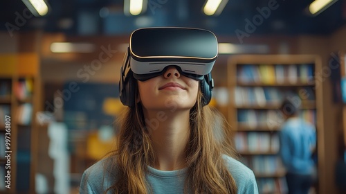 A woman wearing a virtual reality headset is looking at a bookcase