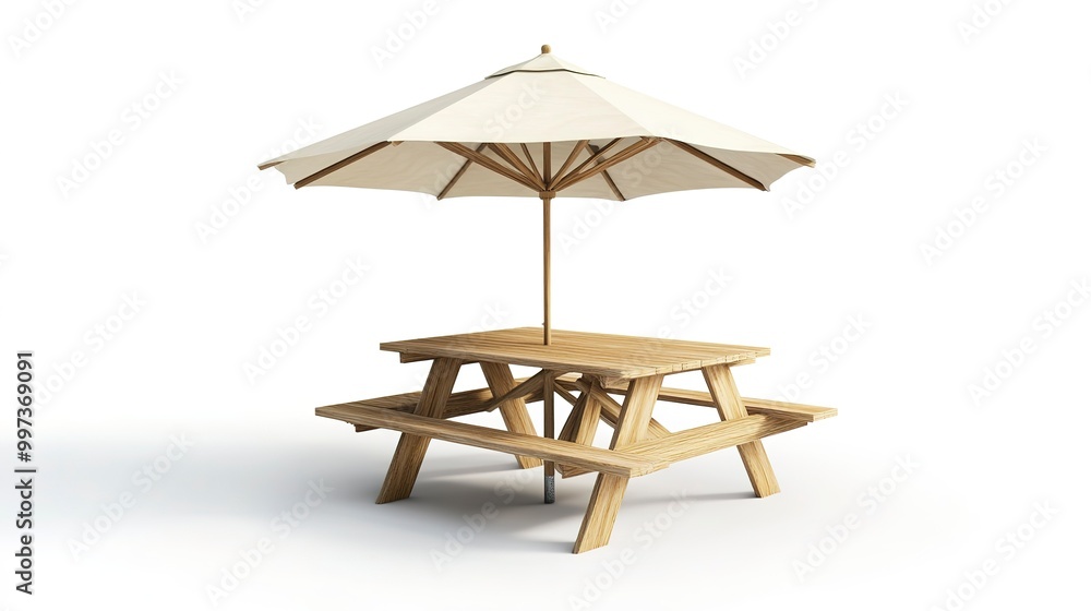 Wooden picnic table with benches and sun shade umbrella, one piece wood furniture for outdoor dining isolated on white background 3d rendering Wooden picnic table with benches and sun shade umbrella, one piece wood furniture for outdoor dining isolated on white background 3d rendering