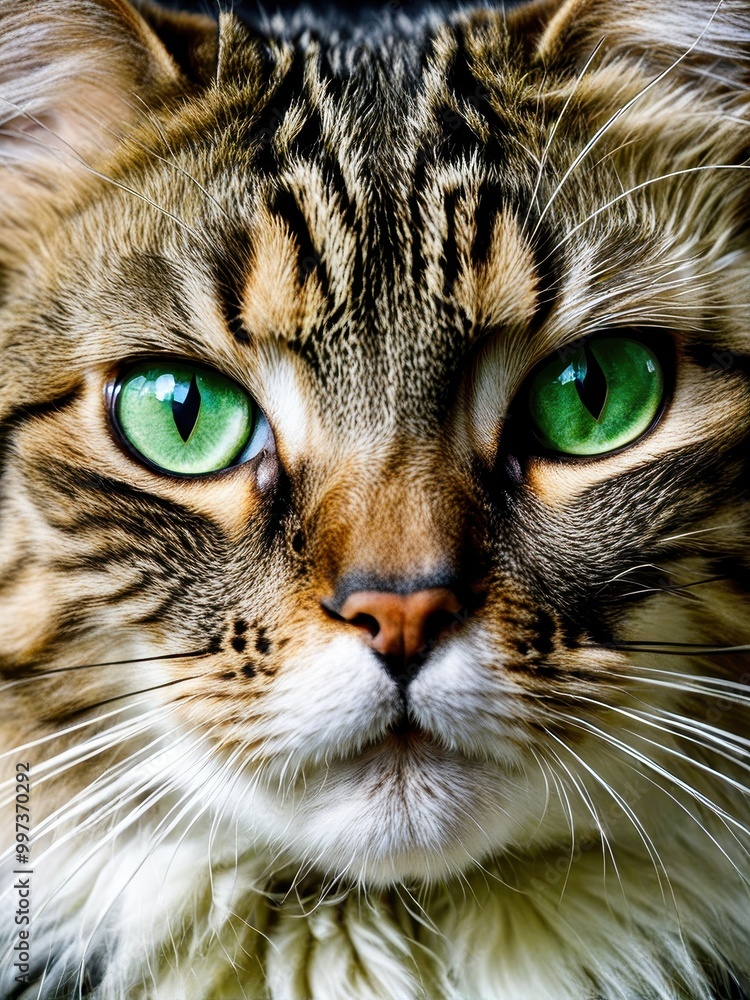 Close-up of a cat with striking green eyes and detailed fur patterns. Close-up of a cat with striking green eyes and detailed fur patterns.