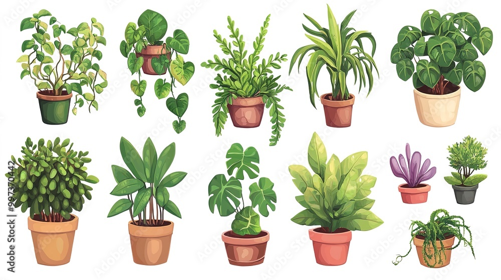 various digital stickers of house plants, adorable kawaii, isolated on a white background various digital stickers of house plants, adorable kawaii, isolated on a white background