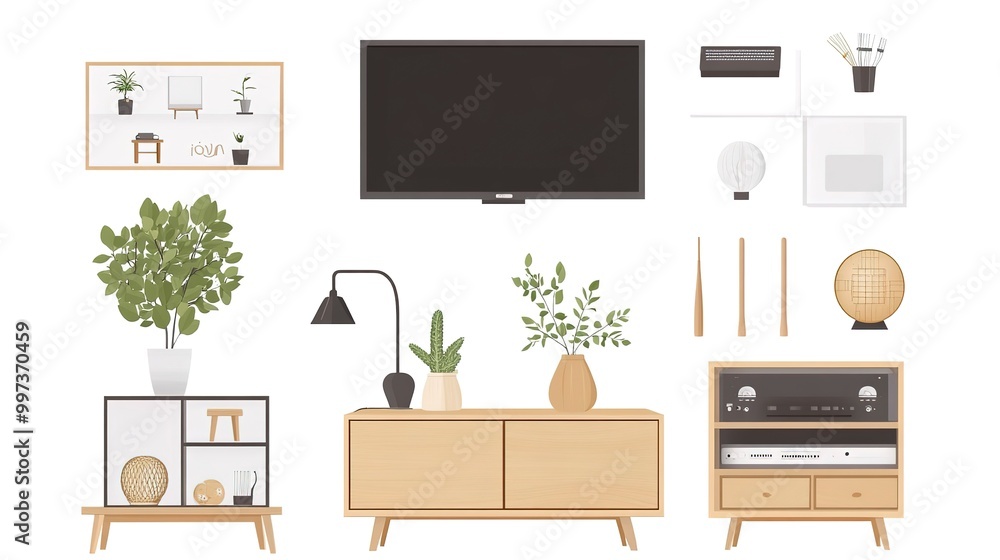 TV stand with decoration object. set of decor items furniture isolated on white background TV stand with decoration object. set of decor items furniture isolated on white background