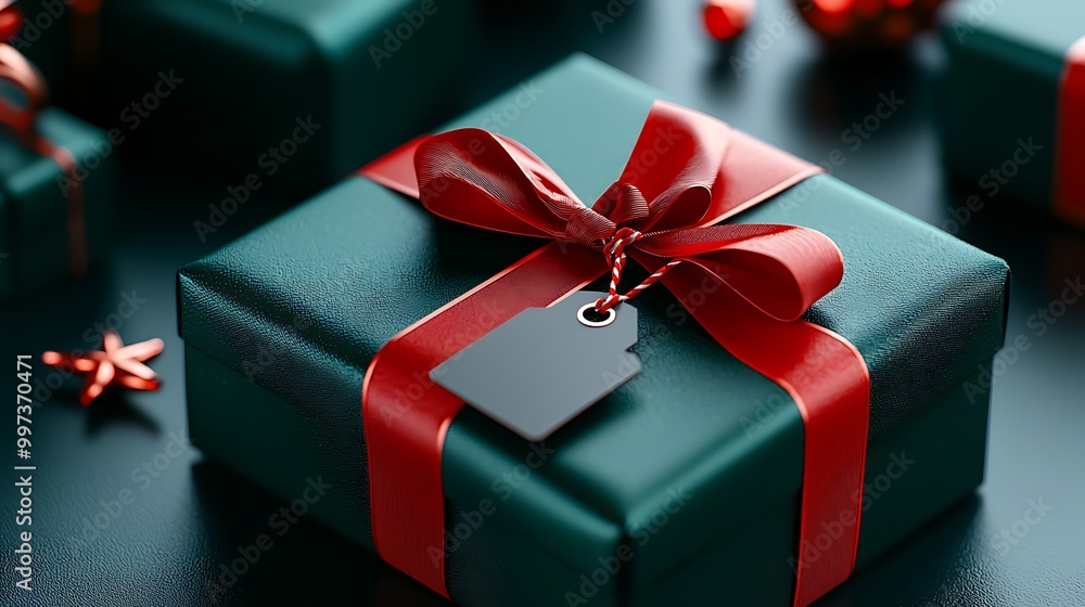 A green gift box, tied with a red bow and tag, sits ready to spread holiday cheer. A green gift box, tied with a red bow and tag, sits ready to spread holiday cheer.