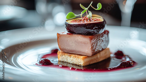 An illustration of a gourmet foie gras torchon with a fig and port jelly, served with toasted brioche. photo