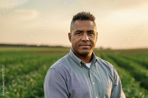 Businessman or agronomist standing confidently at agriculture field. Agricultural technology concept.
