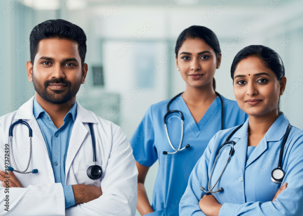 Confident happy medical indian staff team with doctor nurse and healthcare specialist professions people in hospital or clinic.
