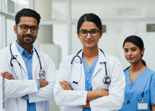 Confident happy medical indian staff team with doctor nurse and healthcare specialist professions people in hospital or clinic.