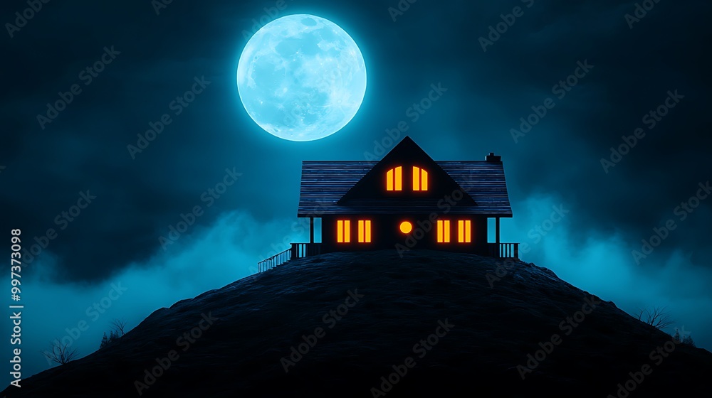 A mysterious house sits on a hilltop, bathed in the eerie light of a full moon. A mysterious house sits on a hilltop, bathed in the eerie light of a full moon.