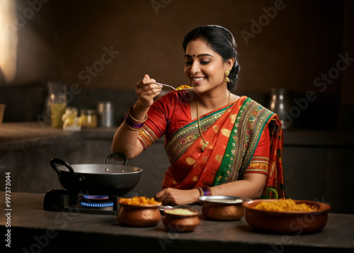 Happy beautiful young indian woman cooking in home kitchen.