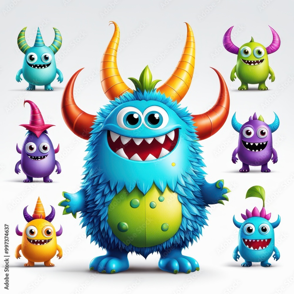 Colorful cartoon monsters with various features and expressions, designed for entertainment. Colorful cartoon monsters with various features and expressions, designed for entertainment.