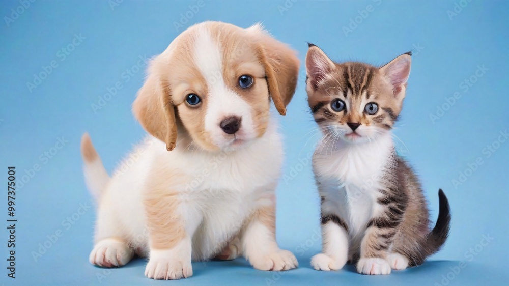 Cute Puppy and Kitten Sitting Together on a Blue Background. Cute Puppy and Kitten Sitting Together on a Blue Background.