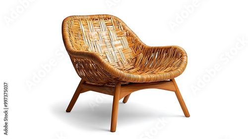 A wicker armchair with wooden legs, isolated on a white background, offers natural elegance and comfort.