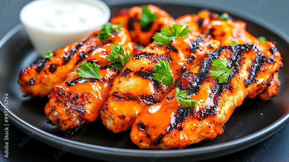 Grilled chicken wings are served with sauce and parsley on a black plate, ready to be enjoyed. Grilled chicken wings are served with sauce and parsley on a black plate, ready to be enjoyed.
