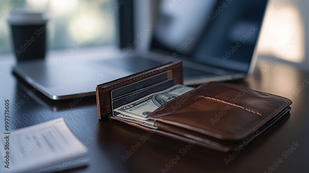 Wallet with cash on a desk beside a laptop. Wallet with cash on a desk beside a laptop.