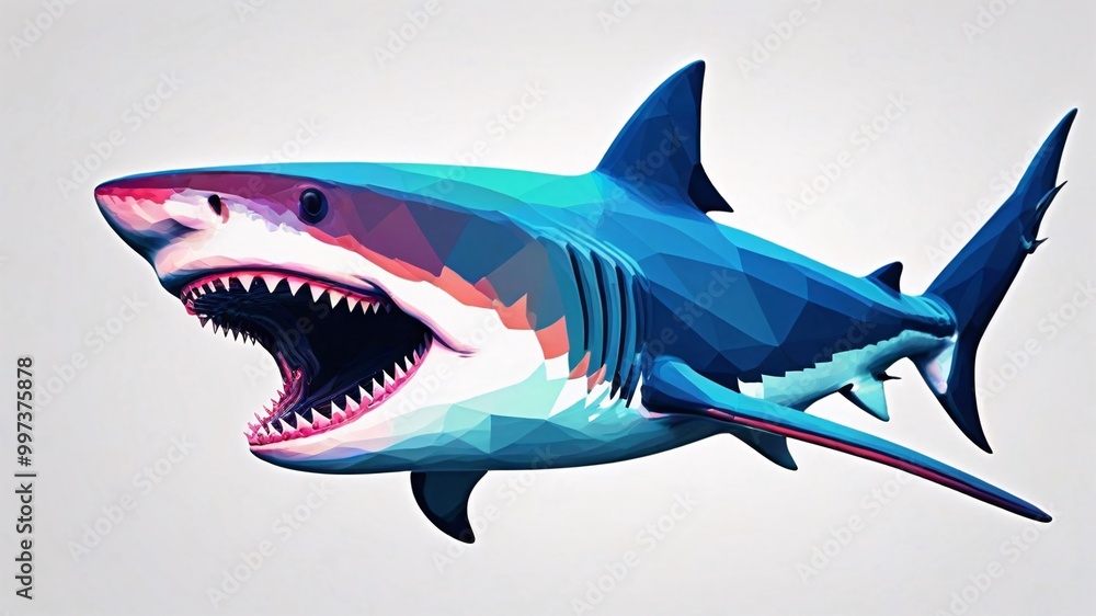 Fototapeta premium A low-poly rendering of a shark with its mouth open, showcasing sharp teeth, against a white background.