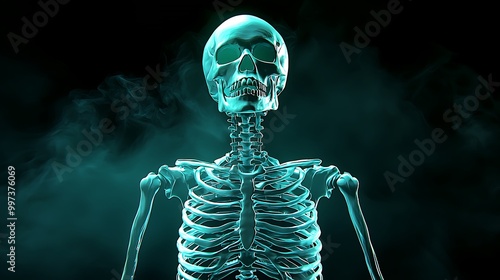 A glowing human skeleton emerges from the smoke, casting an eerie glow.