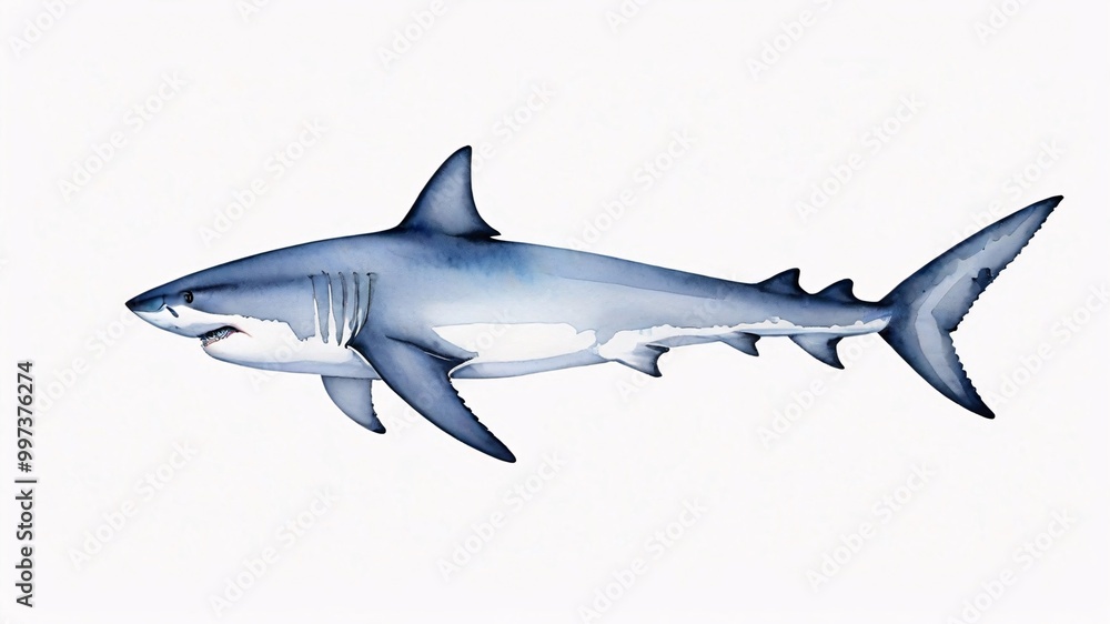 Watercolor illustration of a shark swimming in the ocean. Watercolor illustration of a shark swimming in the ocean.