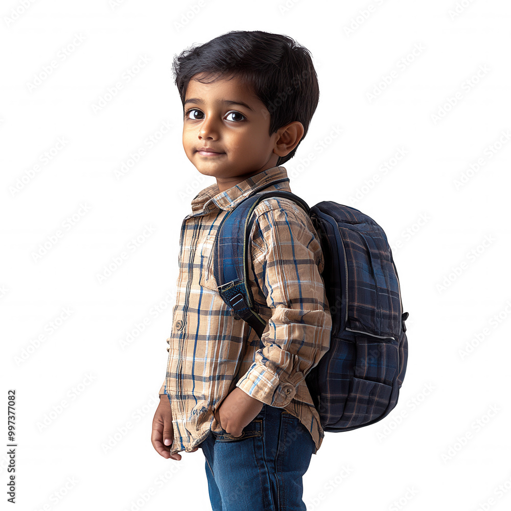 Young Boy Standing in Casual Attire Against Plain Background. Young Boy Standing in Casual Attire Against Plain Background.