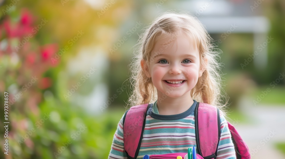 Child smiling backpack lunchbox posing school entrance bright atmosphere. AI generated Child smiling backpack lunchbox posing school entrance bright atmosphere. AI generated