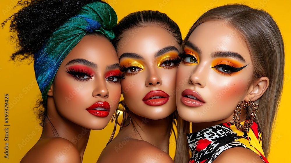 Obraz premium Beautiful women with vibrant makeup and stylish hairstyles showcase bold, fashionable looks.