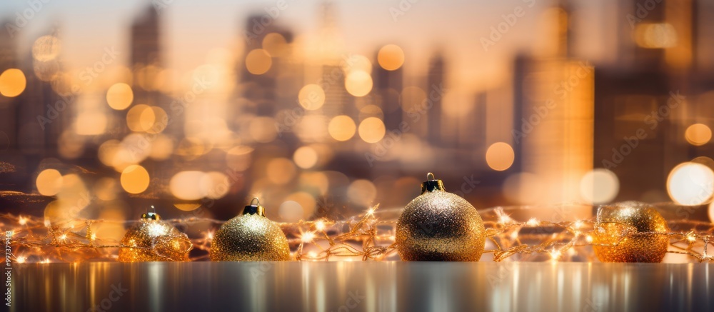 Fototapeta premium Golden Christmas Ornaments with City Lights in the Background